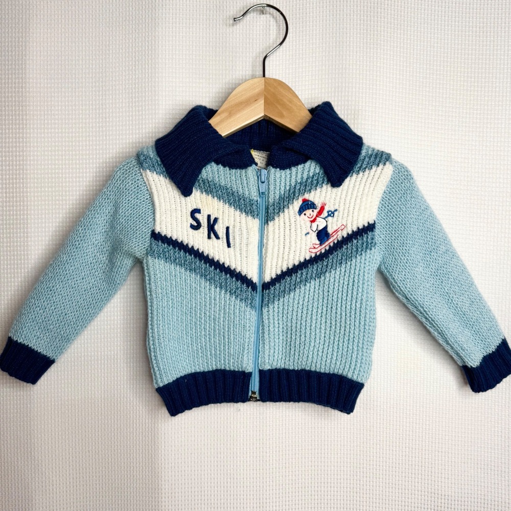Vintage Kids Blue SKI Graphic Full Zip Knit Cardigan Sweater 12 Months Winter